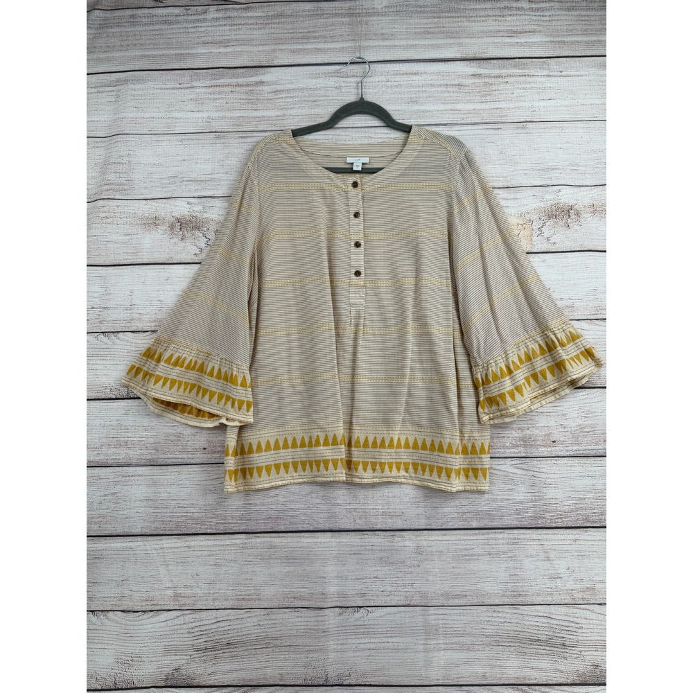 J. Jill Henley Top Women XL Cream Yellow Striped Bell Sleeve Boho